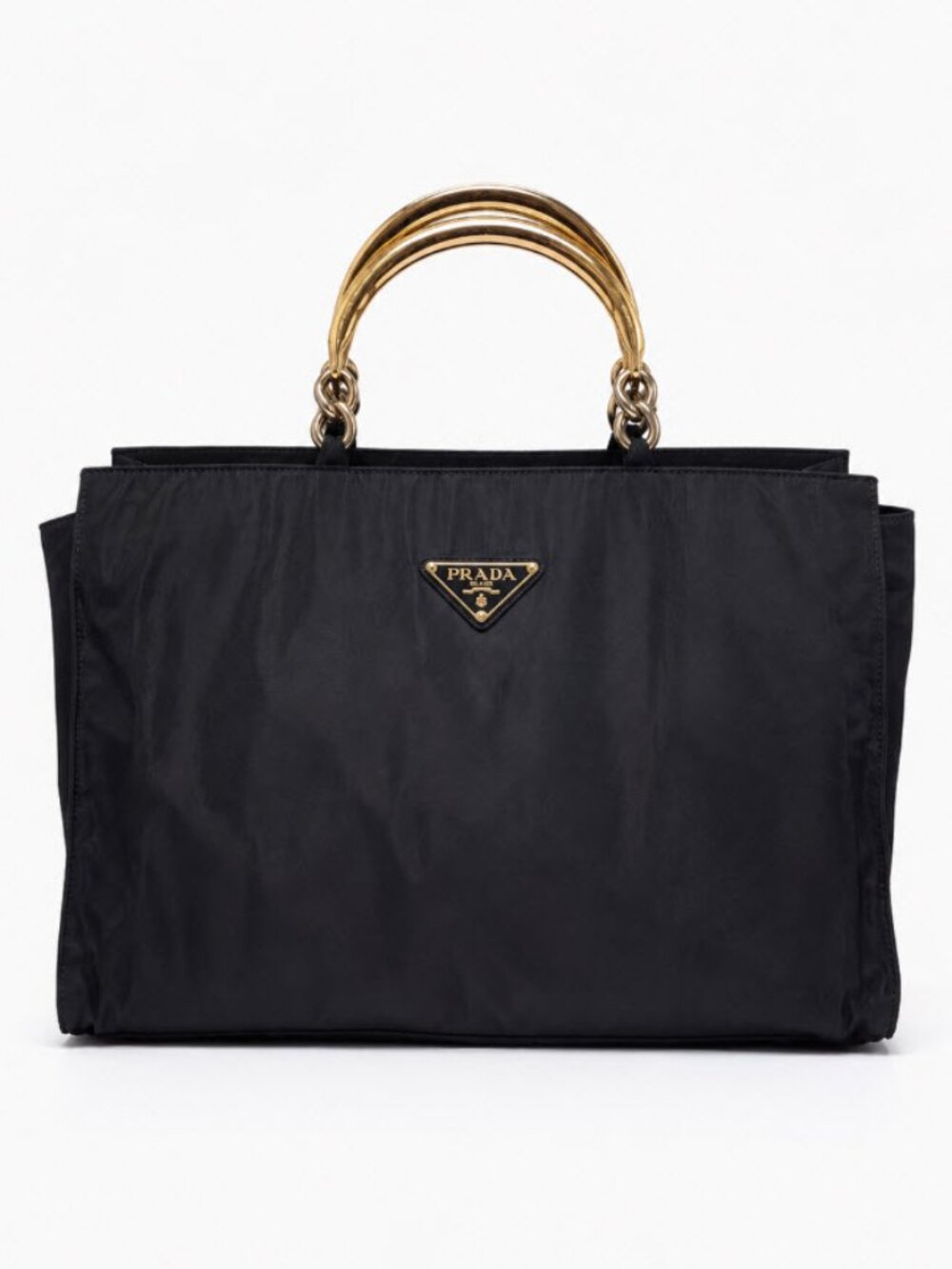 Prada Black Nylon Tote with Gold-Tone Double Ring Handles designer chic